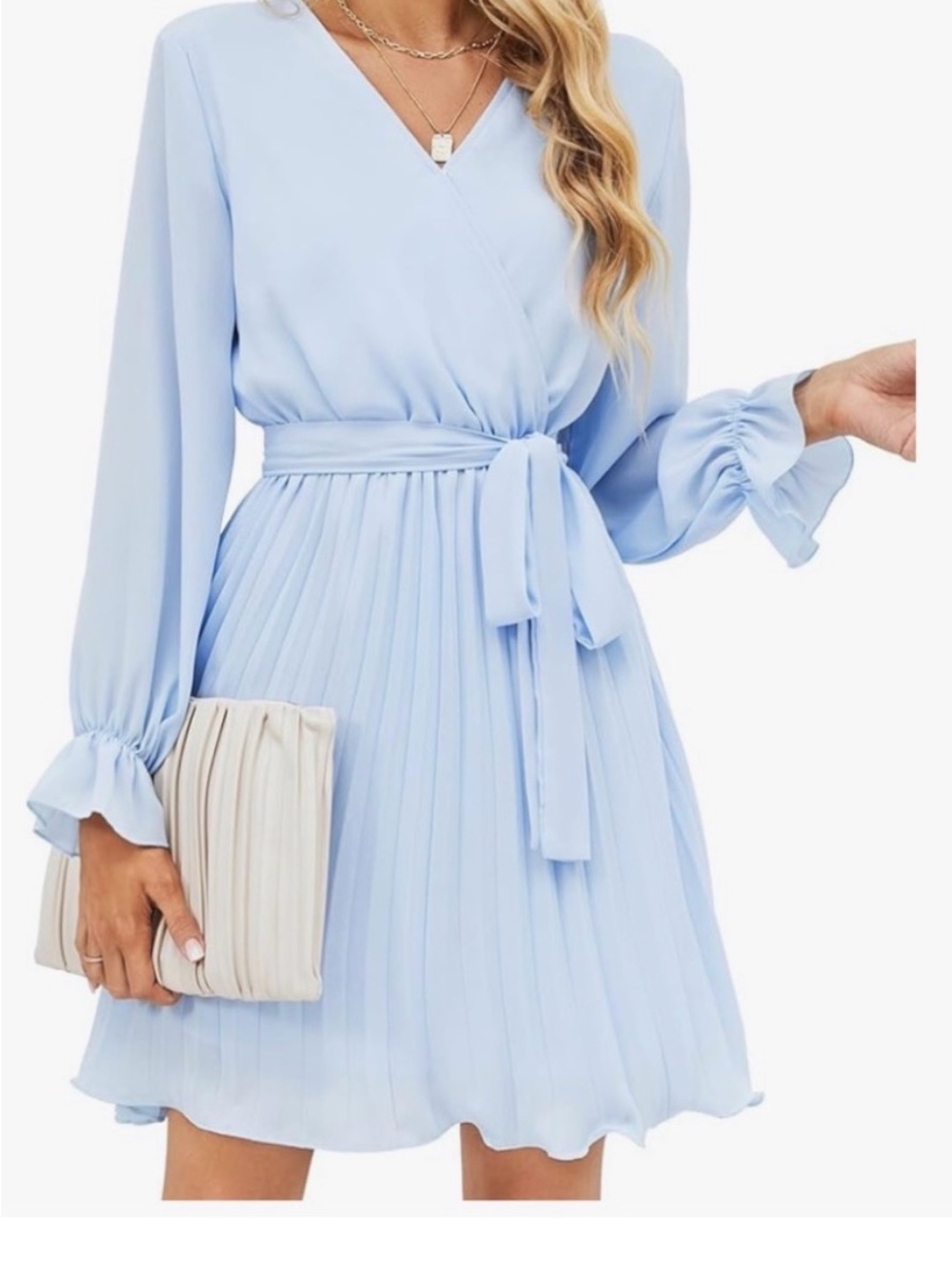 BBX Lephant Women’s Blue V-Neck Long Sleeve Tie Waist Pleated Dress 2XL
